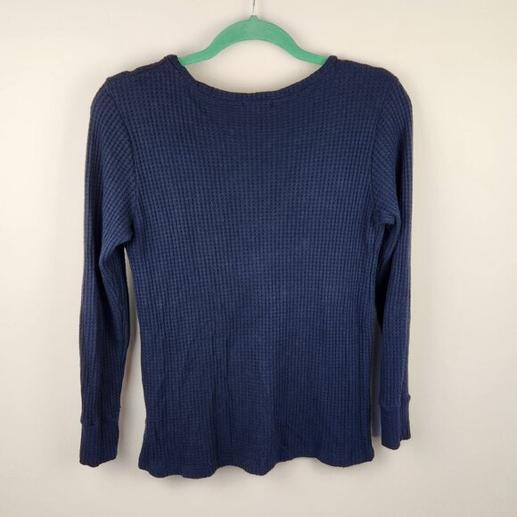 LNA Revolve Cross Strap Waffle Knit Long Sleeve Thermal Sweater Top Navy Blue M - Picture 2 of 8